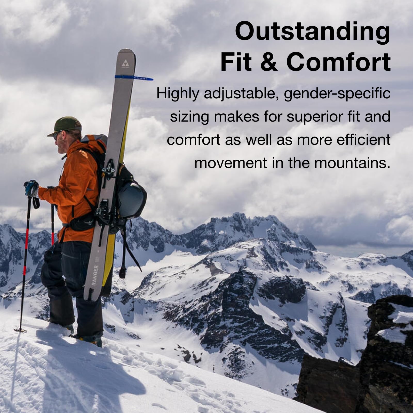 Osprey Soelden 42L diagonal ski carry for wider planks.