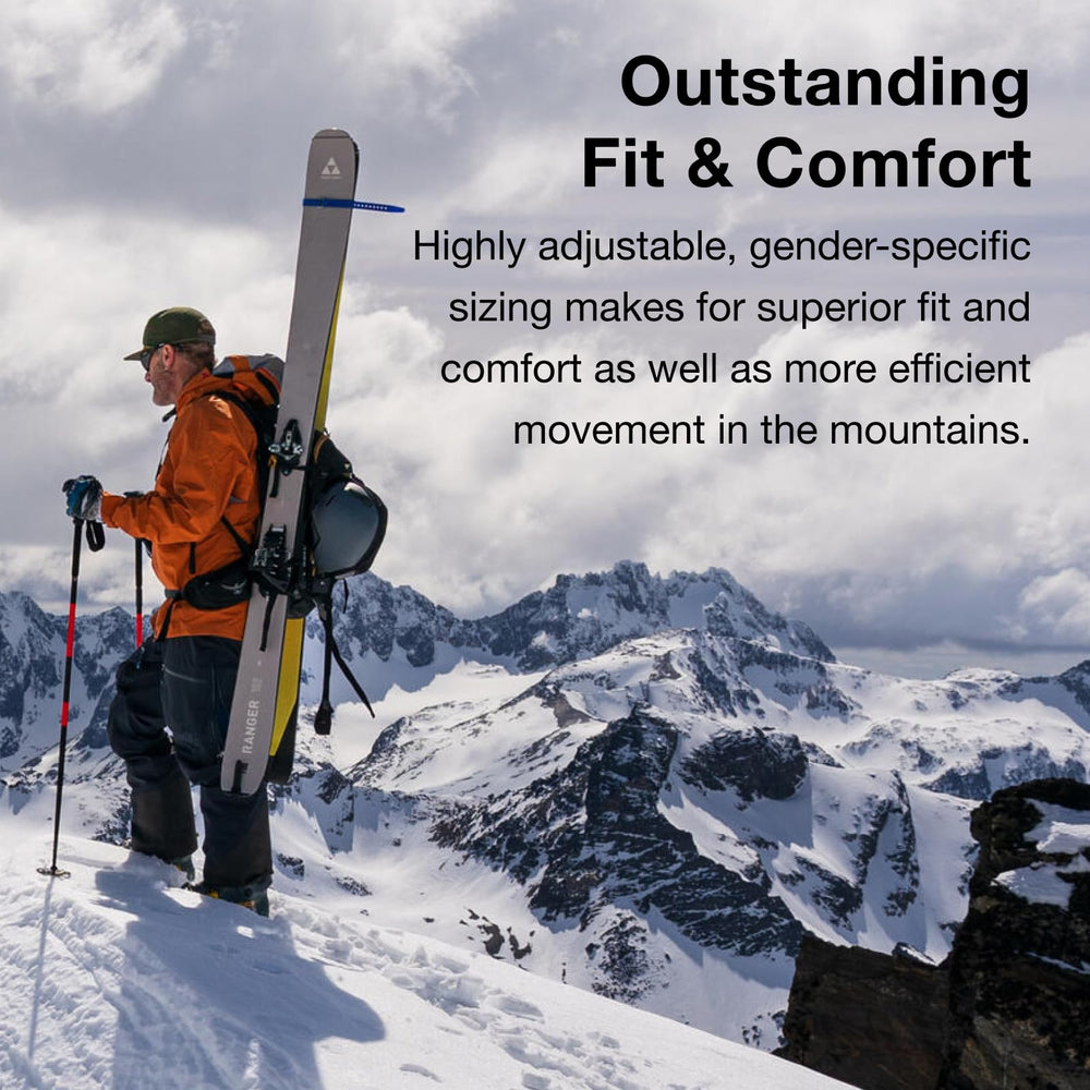 Osprey Soelden 42L diagonal ski carry for wider planks.