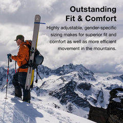 Osprey Soelden 42L diagonal ski carry for wider planks.