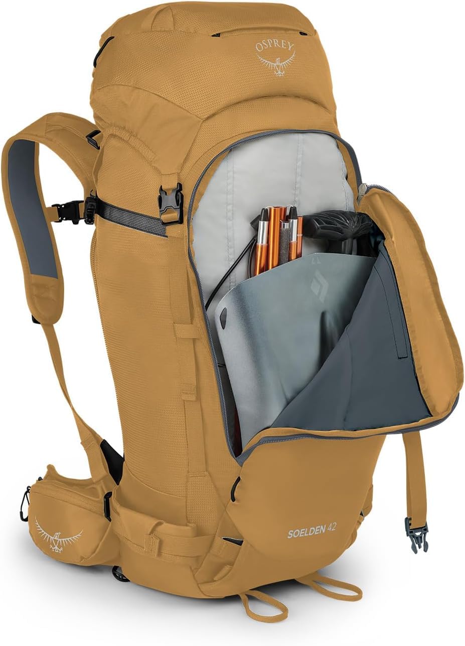 Osprey Soelden 42L horizontal snowboard carry option visible.