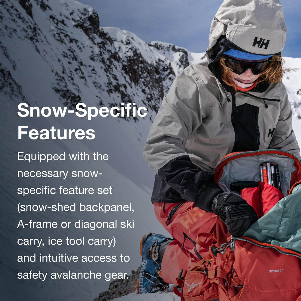 Osprey Sopris 30L horizontal snowboard carry supports mixed terrain days.