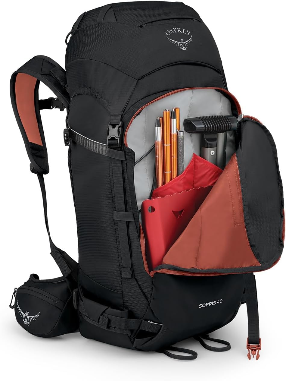 Osprey Sopris 40L vertical front panel access streamlines gear retrieval.