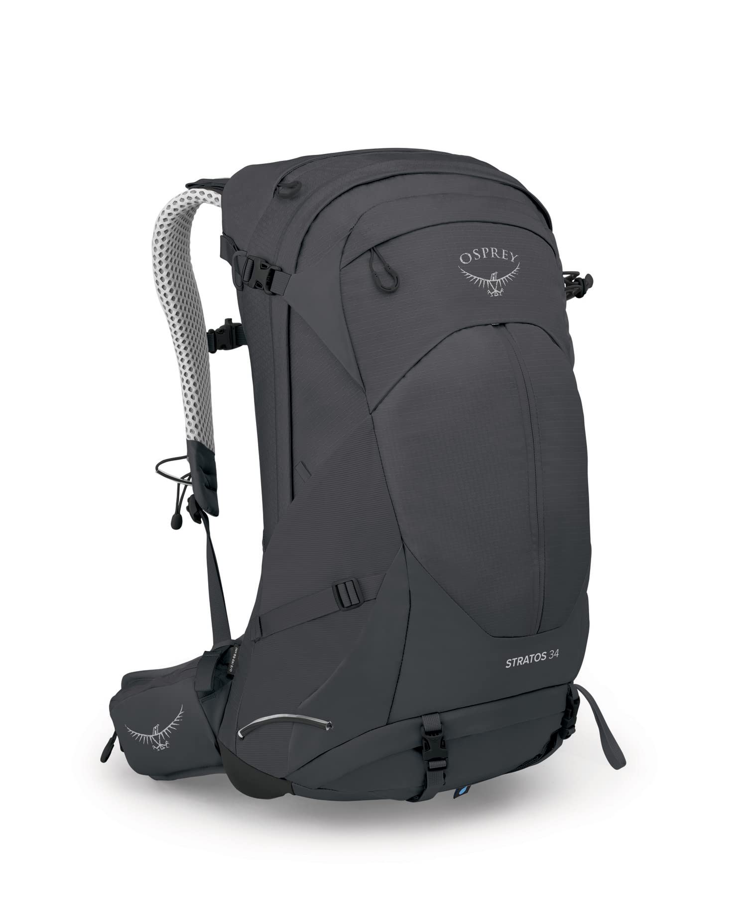 Osprey Stratos 34L front view for rugged day-hike readiness.