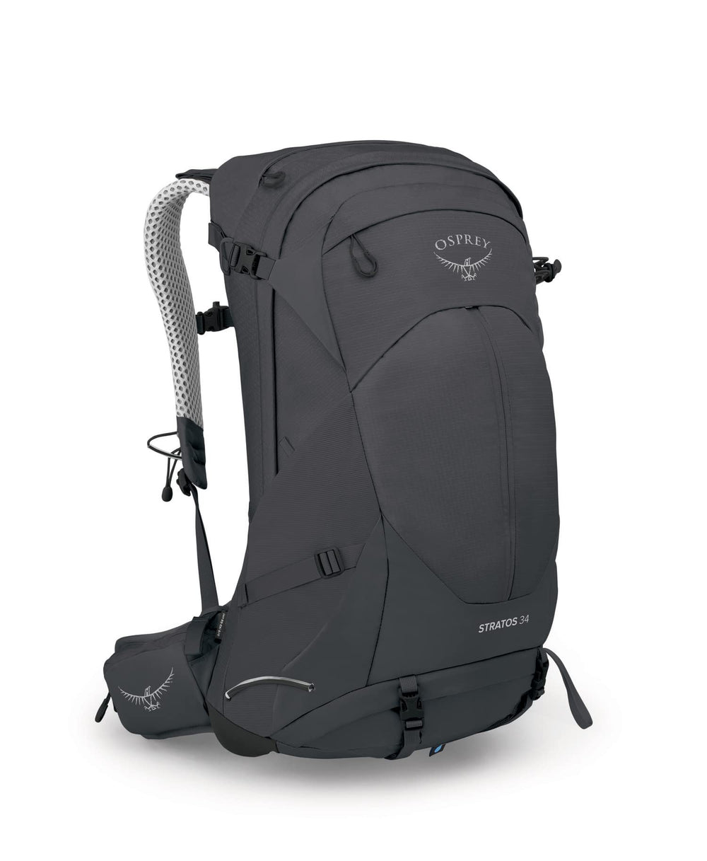 Osprey Stratos 34L front view for rugged day-hike readiness.