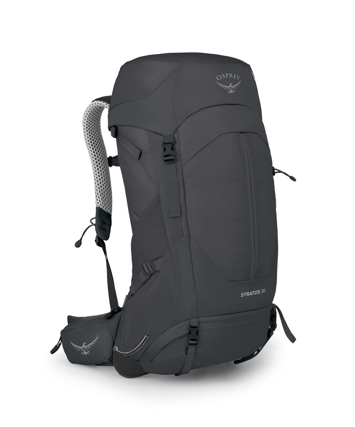 Osprey Stratos 36L front view highlights breathable support for long hikes