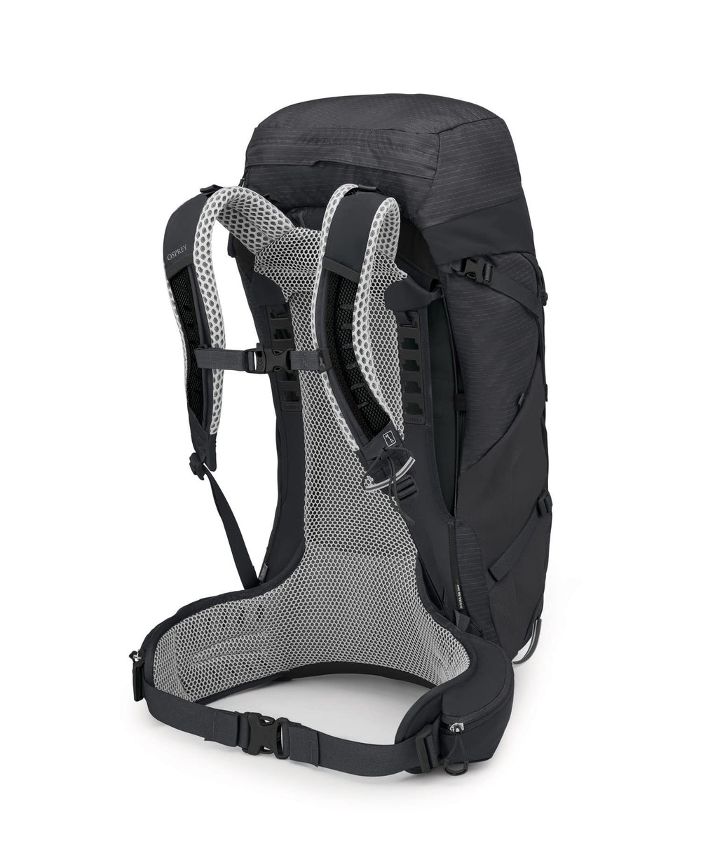 Osprey Stratos 44L hydration sleeve with hose port in backpanel.