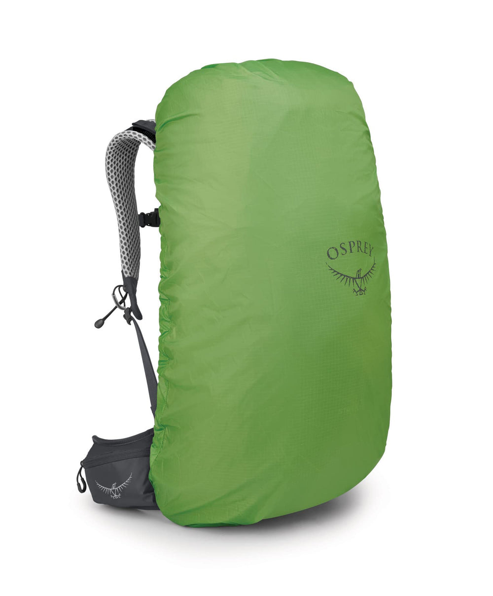 Osprey Stratos 44L raincover deployed in wet weather.