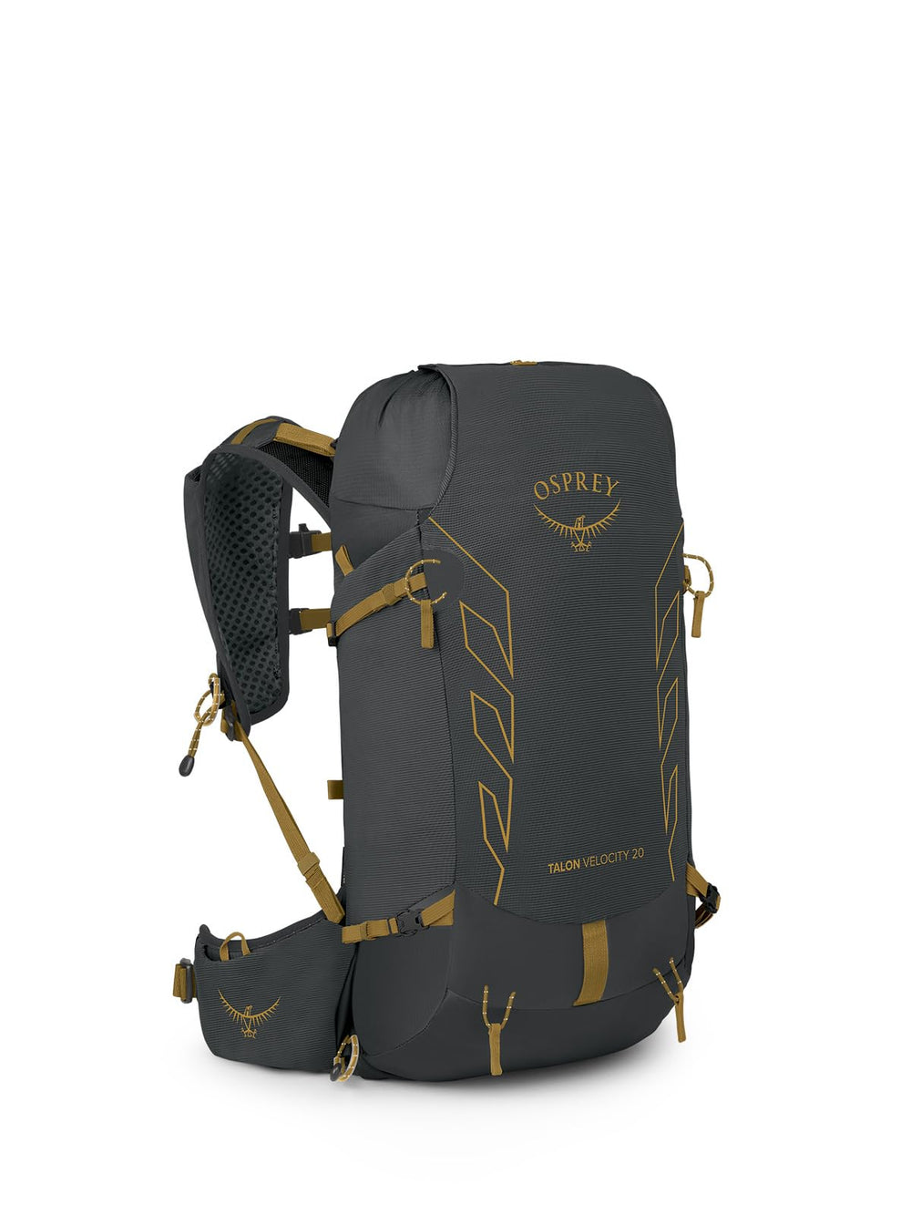 Osprey Talon Velocity 20L front view shows compact, lightweight profile for fast hikes.