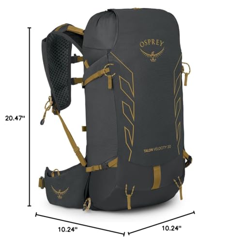 Osprey Talon Velocity 20L side view reveals quick-access pockets for trail essentials.