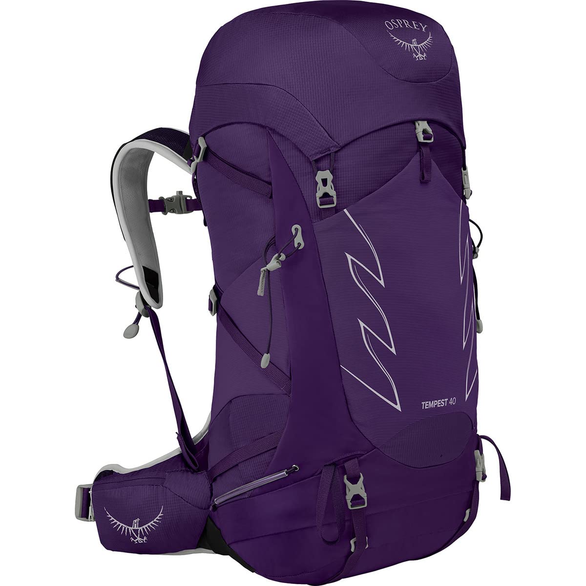 Osprey Tempest 40L front view with Violac Purple design for organized multi-day hikes