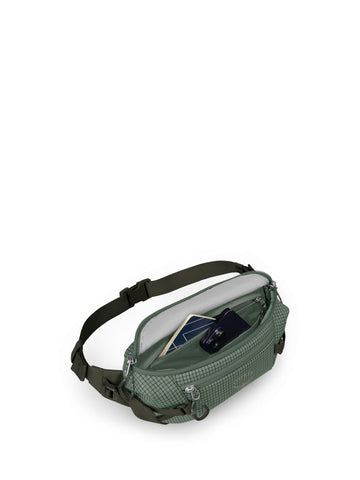 Osprey Transporter Commuter waist pack compression straps cinch contents securely.