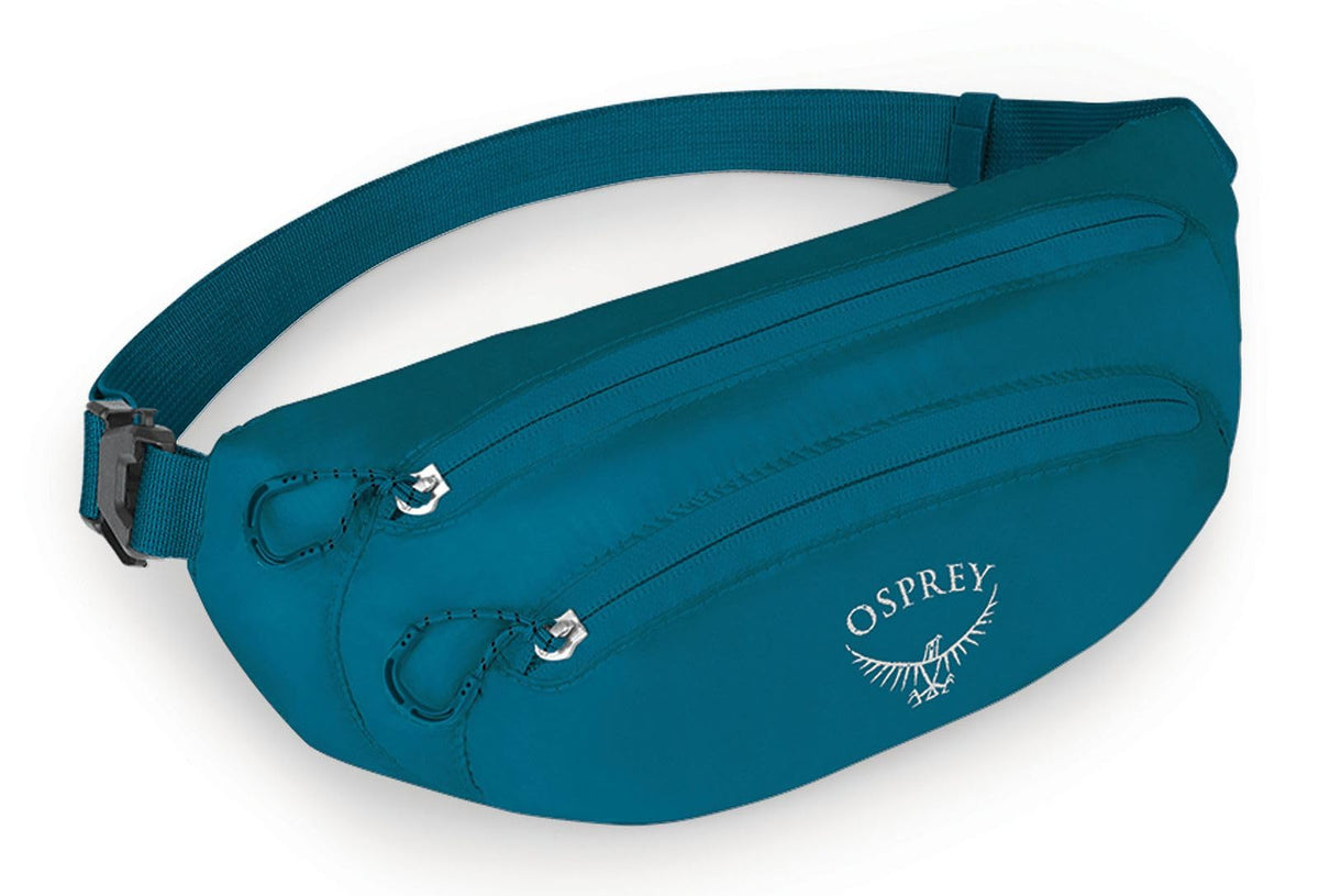 Osprey Ultralight Collapsible Stuff Waist Pack in Waterfront Blue—hands-free travel with organized essentials.