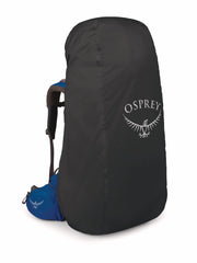 Osprey Ultralight Raincover on a black backpack, front view, weather-ready protection.