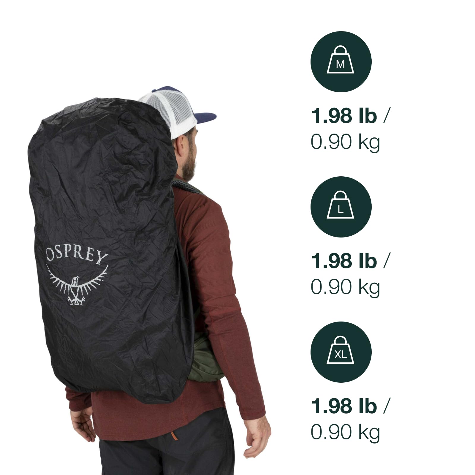 Side view of the raincover fitted to a large pack in wet conditions.