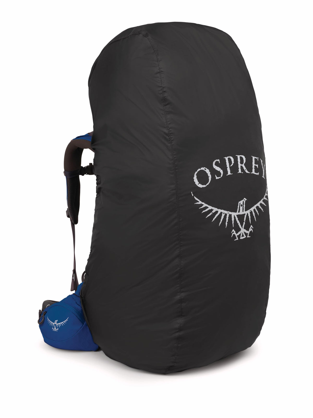 Osprey ultralight raincover fitted on a black backpack protects gear in rain