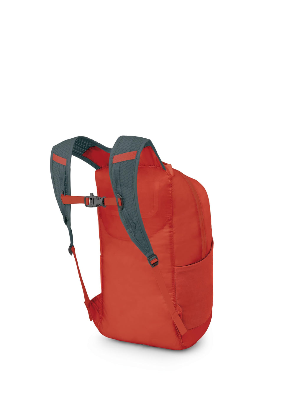 Osprey Ultralight Stuff Pack sternum strap includes emergency whistle for safety.