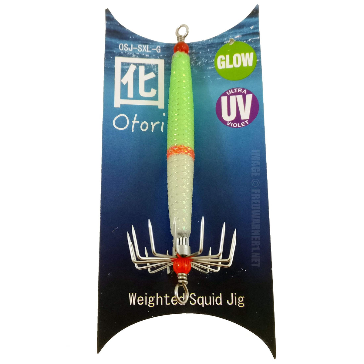 Otori Skinny Squid Jig X-Large glow lure ready for night squid fishing; quick charge from dock light