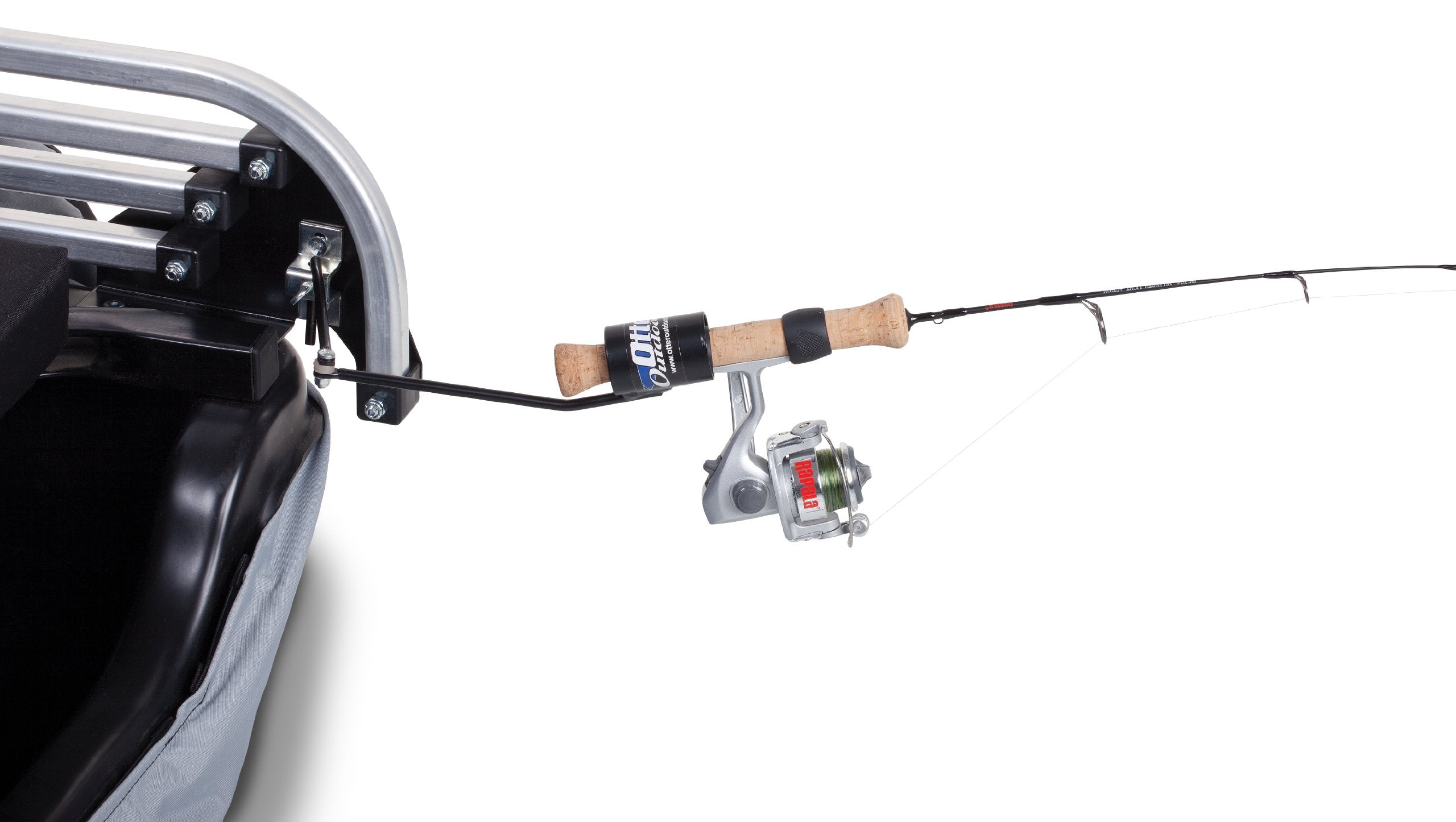 OTTER rod holder with pivot design secures rods in ice shelters for easy access.