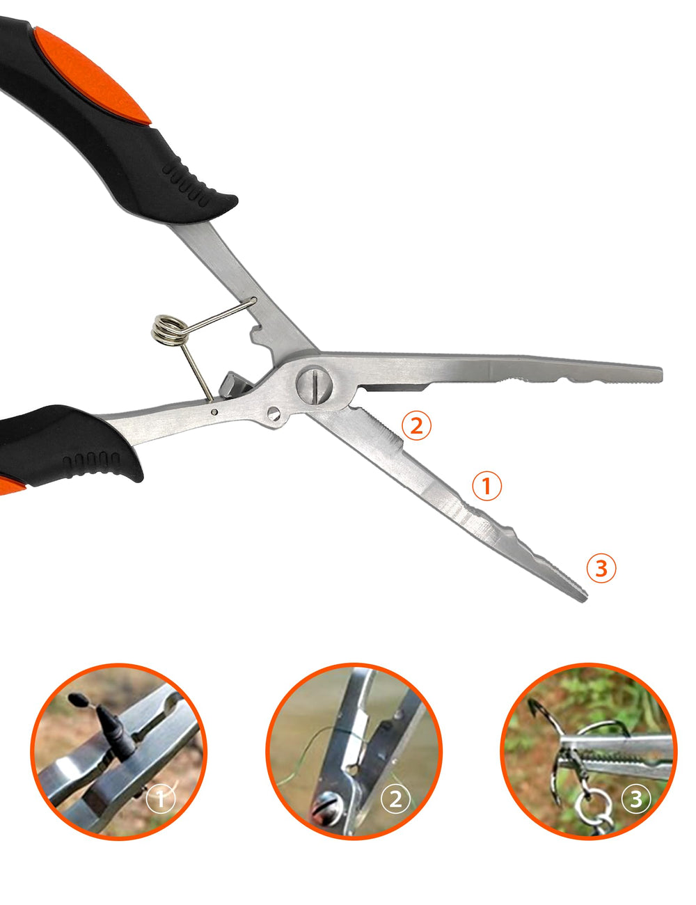 Close-up of long jaws for effortless hook removal