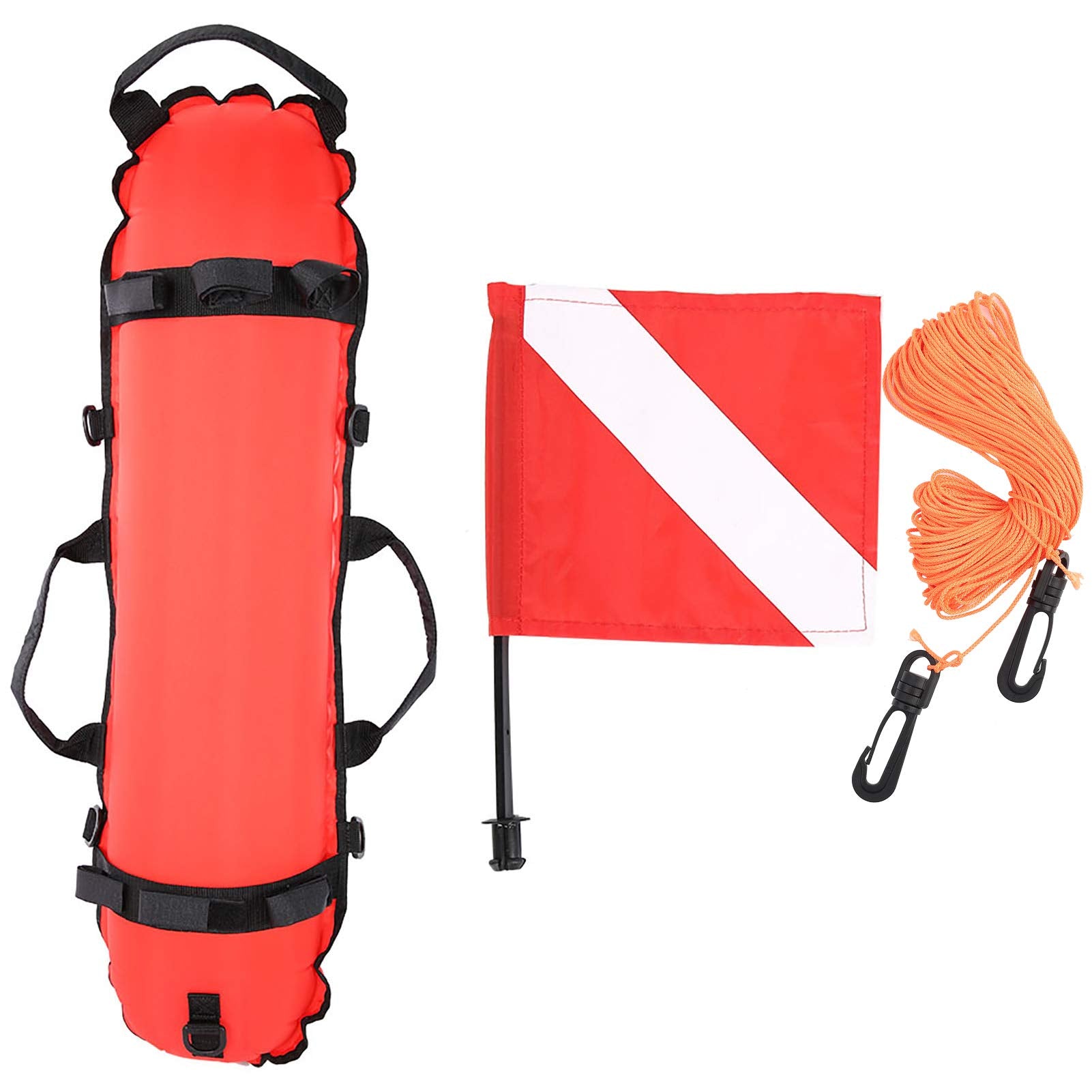 OUKENS inflation torpedo buoy in-use for high-visibility signaling during spearfishing