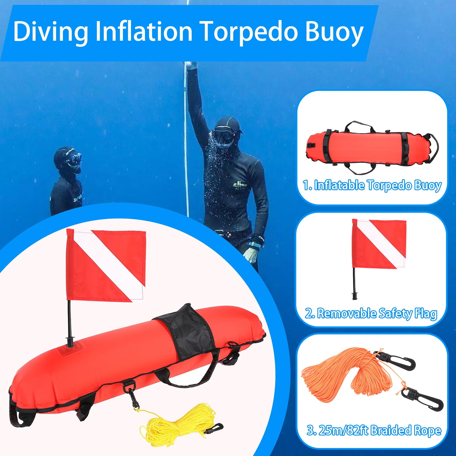 Diving surface marker buoy with an 8x8 inch dive flag attached
