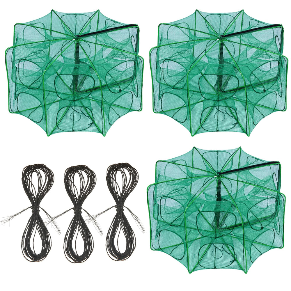 Oungy 3Pcs foldable green fishing traps with 12-hole design (open)