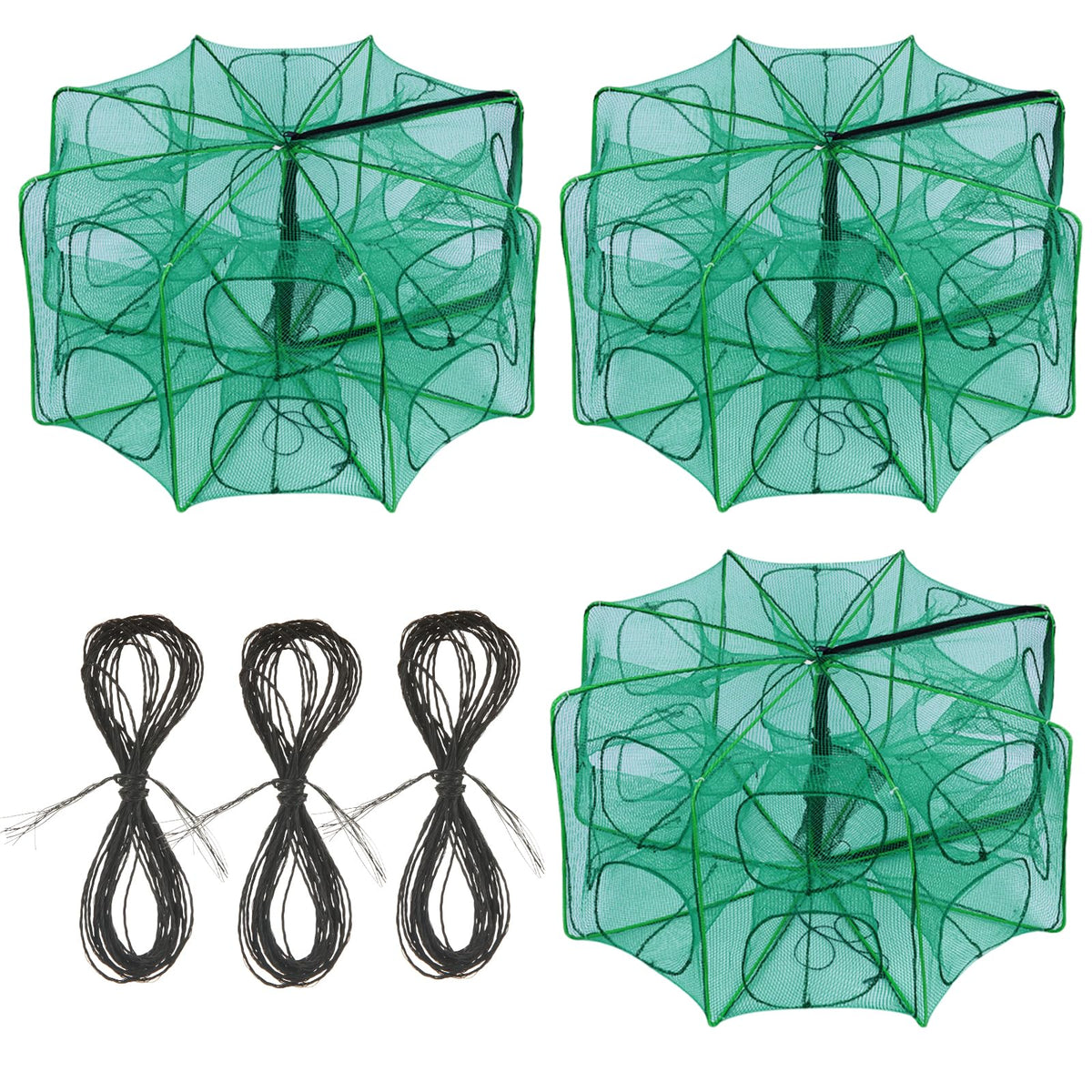 Oungy 3Pcs foldable green fishing traps with 12-hole design (open)