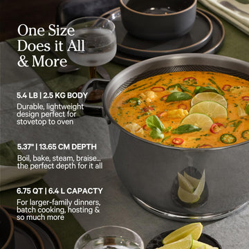 Our Place Titanium Perfect Pot Pro dishwasher-safe and utensil-friendly with included spoon.