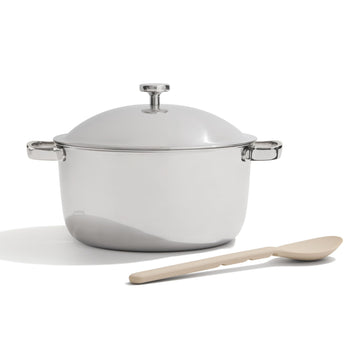Our Place Titanium Perfect Pot Pro 6.75 qt front view with lid shows durable tri-ply construction.