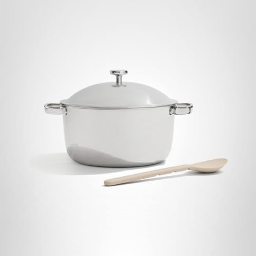Our Place Titanium Perfect Pot Pro with lid and spoon resting on handle.