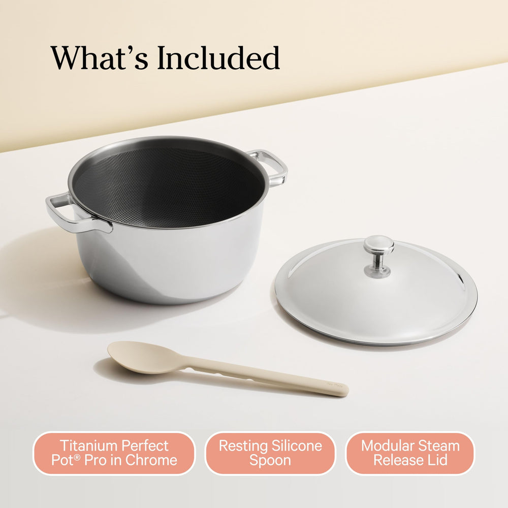 Our Place Titanium Perfect Pot Pro induction-compatible cookware for all stove tops.