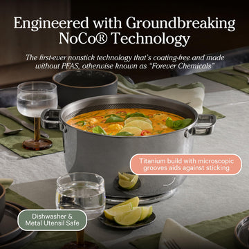 Our Place Titanium Perfect Pot Pro side view highlights cool-touch stainless steel handle.