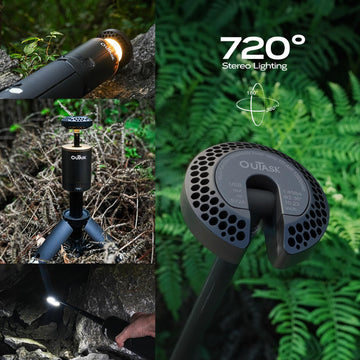 Outask camping light mounted via magnetic tripod for quick hands-free setup