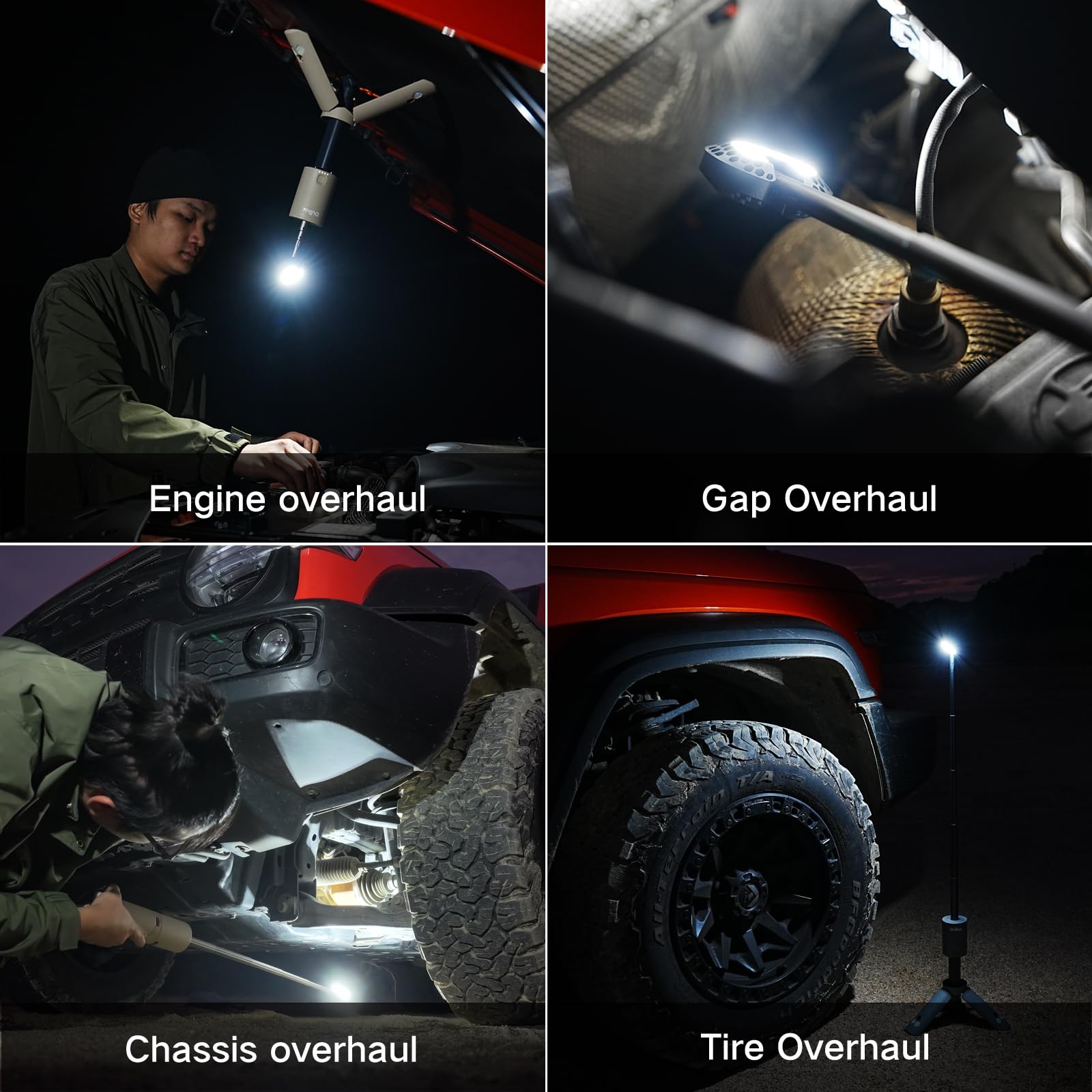 Outask universal head converts to flashlight and table light for versatile tasks.