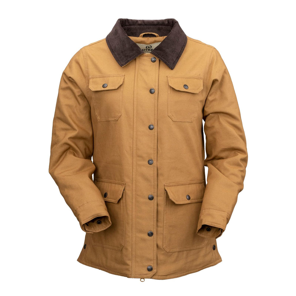 Outback Gidley jacket on model outdoors highlights rugged warmth for outdoor adventures.