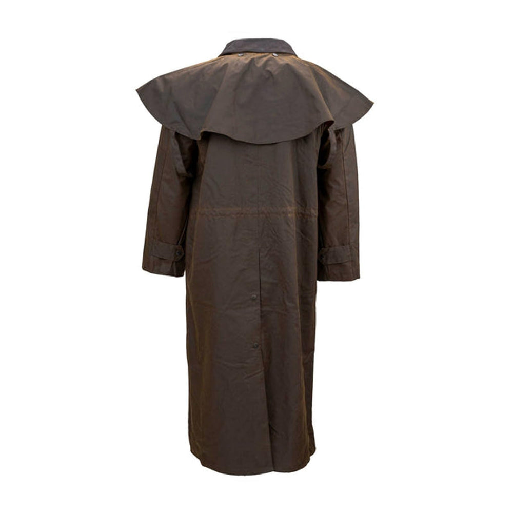 Outback Stockman Duster bronze collar close-up featuring nubuck leather collar durability