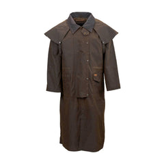 Outback Stockman Duster bronze front view showing waterproof oilskin with quick rain shedding