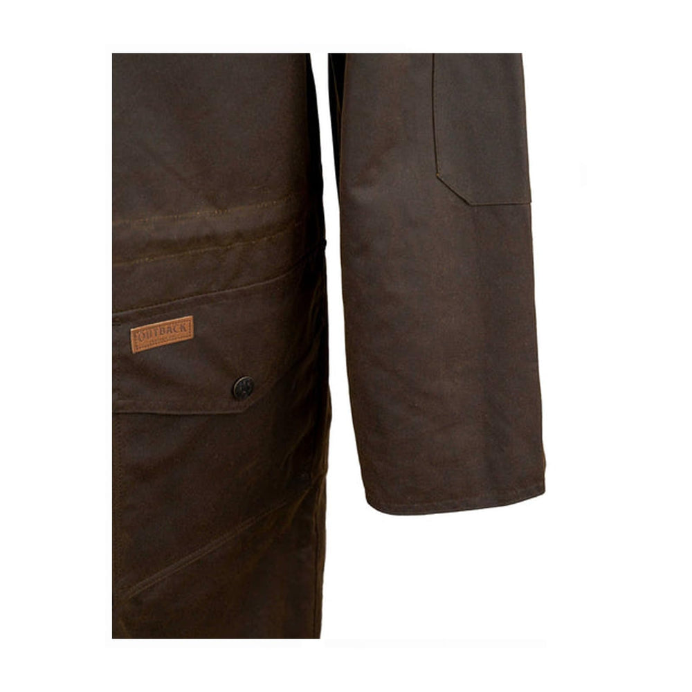 Outback Stockman Duster bronze pocket detail shows dual-entry and chest storage