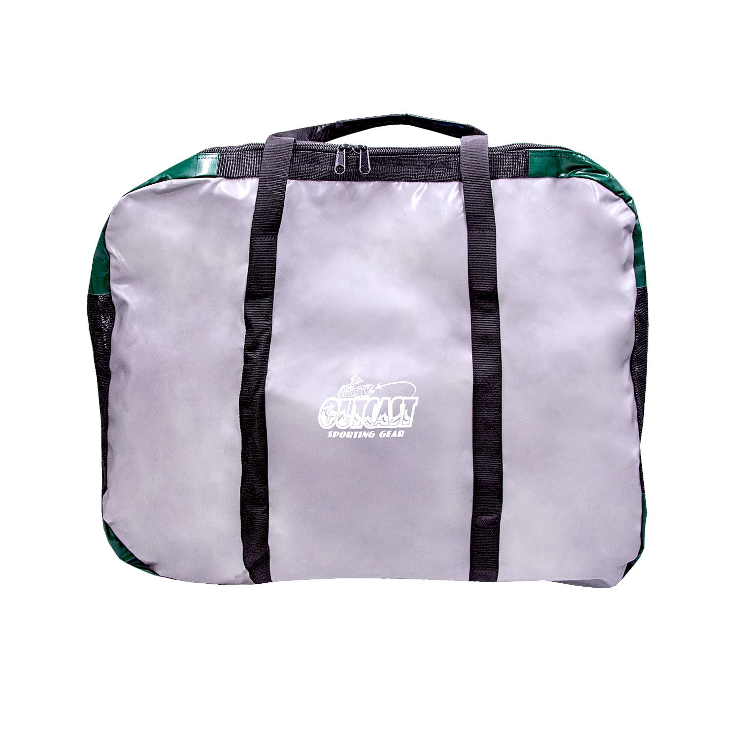 Outcast OSG Float Tube Bag outside view highlights rugged PVC construction for durable river trips.