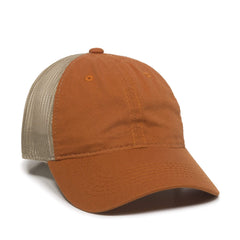 Outdoor Cap FWT-130 front view in orange-tan highlighting breathable, comfortable fit.