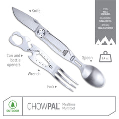 Outdoor Edge ChowPal bottle opener included for quick beverage access during outdoor meals.