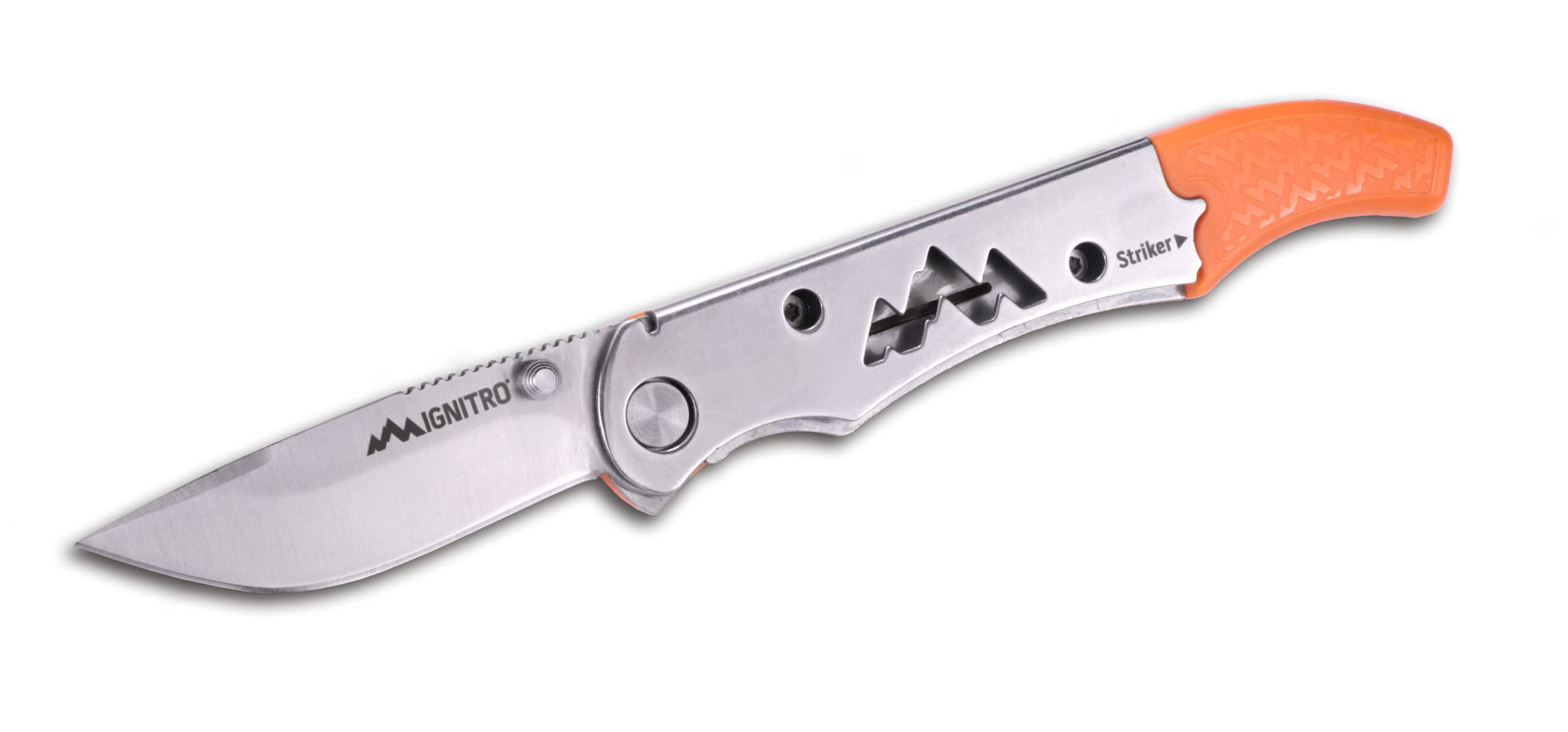 Outdoor Edge Ignitro hollow-handle open showing blade, whistle, and ferro rod