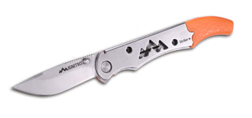 Outdoor Edge Ignitro hollow-handle open showing blade, whistle, and ferro rod