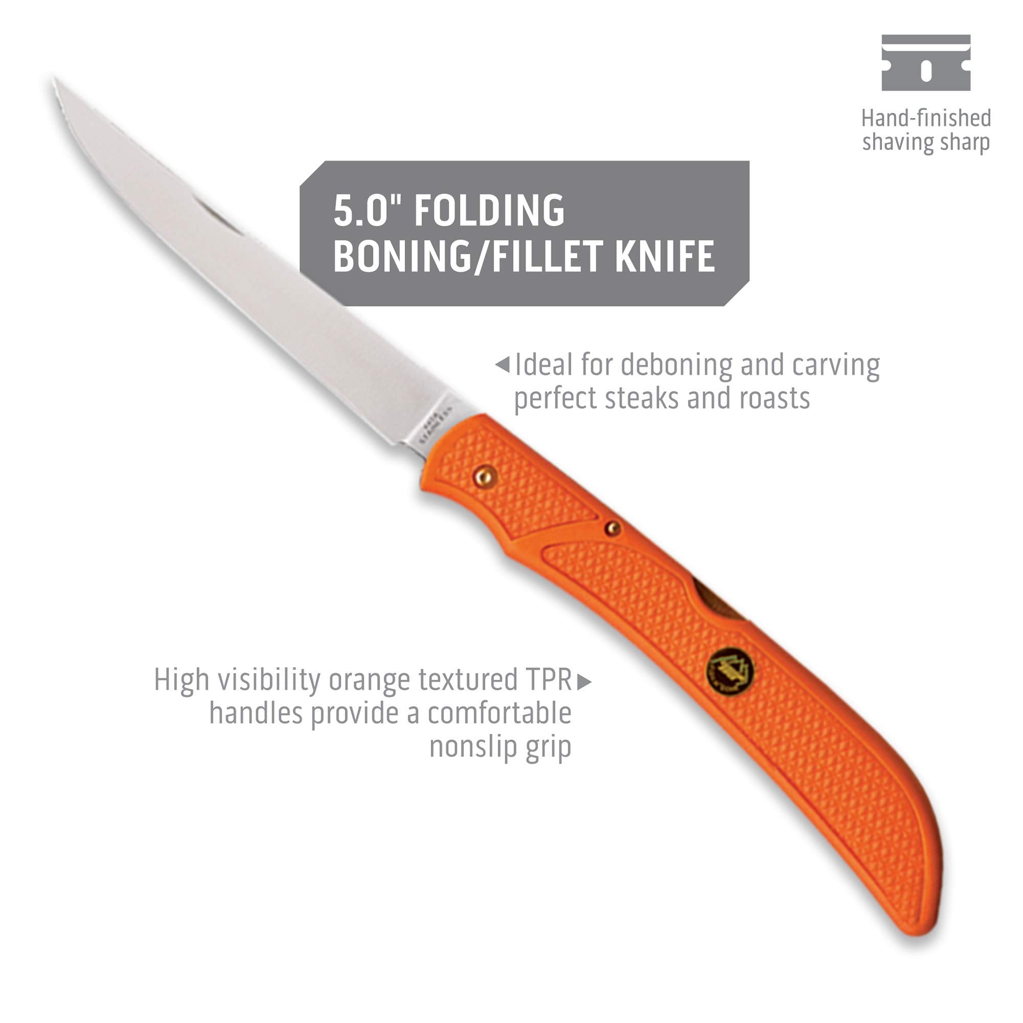 OUTDOOR EDGE hatchet features full tang design for rugged chopping.