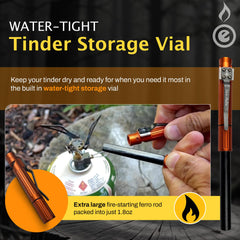 OUTDOOR ELEMENT Fire Flute keeps tinder dry in the vial for reliable lighting.