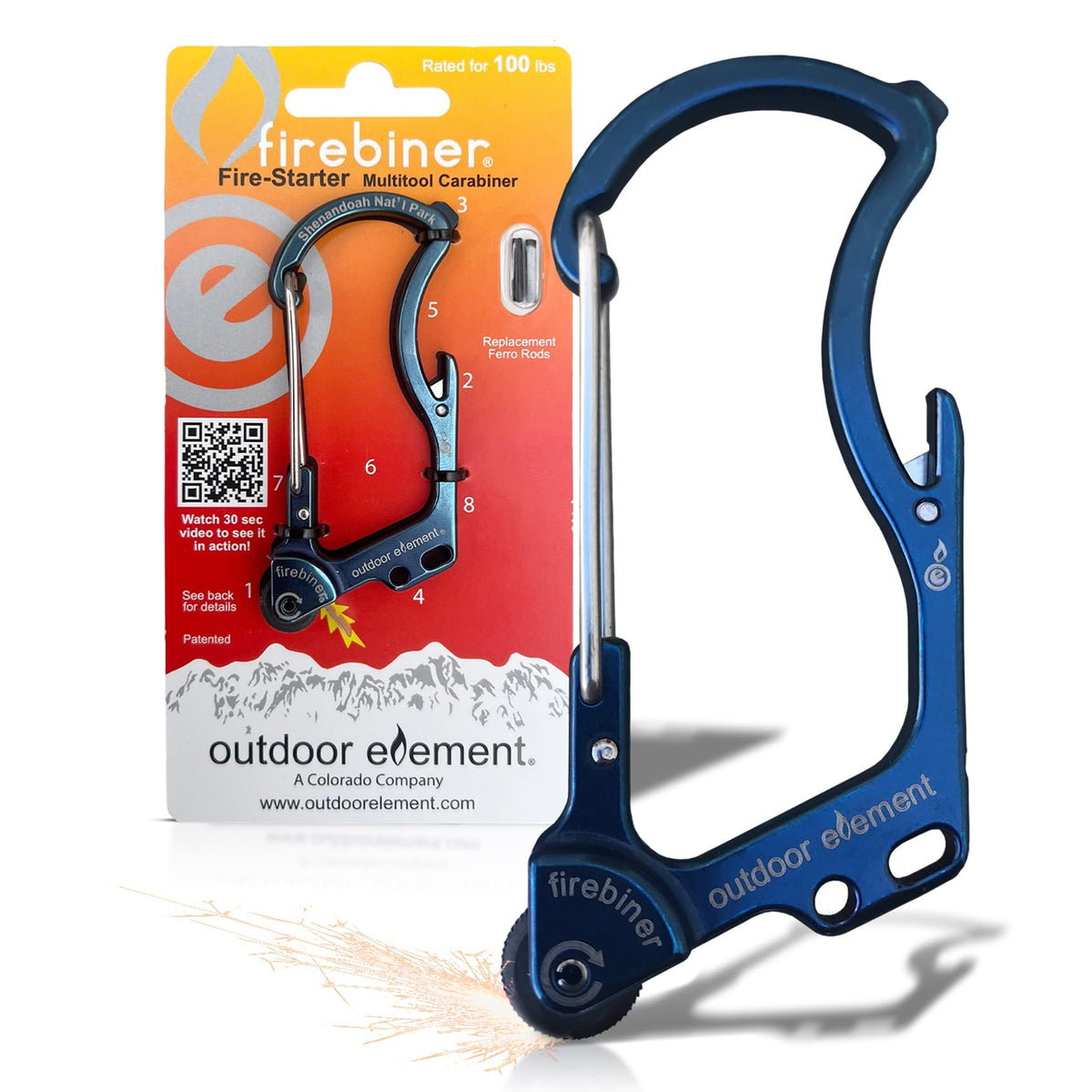 OUTDOOR ELEMENT Firebiner blue clip shows compact everyday carry for adventures.
