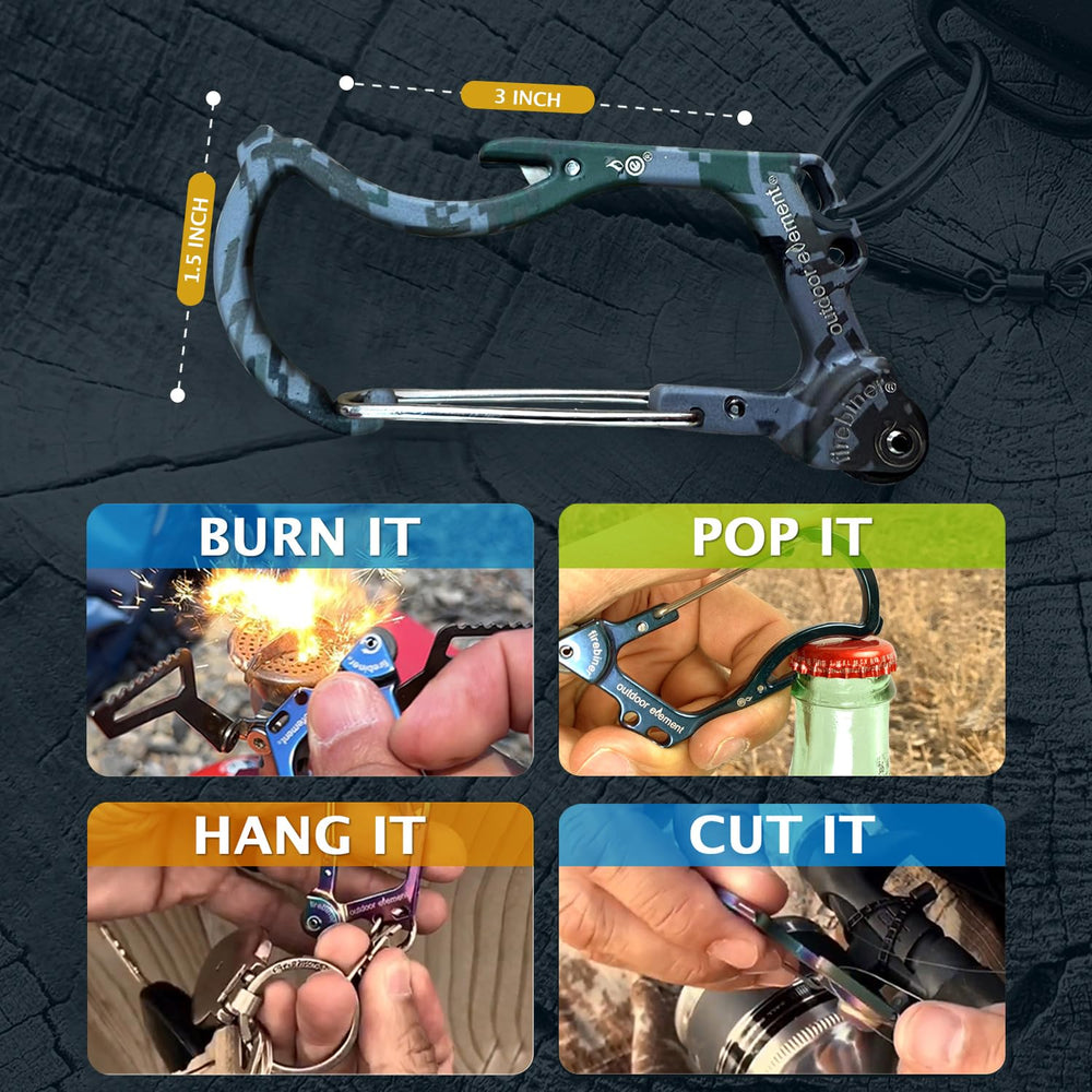 OUTDOOR ELEMENT Firebiner bottle opener ready for post-hike refreshments.