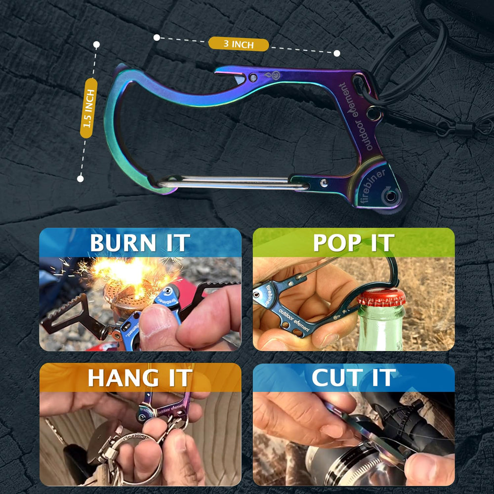 Compact Firebiner with clip and key-ring holes for secure attachment.
