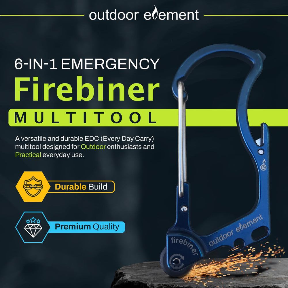OUTDOOR ELEMENT Firebiner EverSpark fire starter detail highlights reliable spark generation.