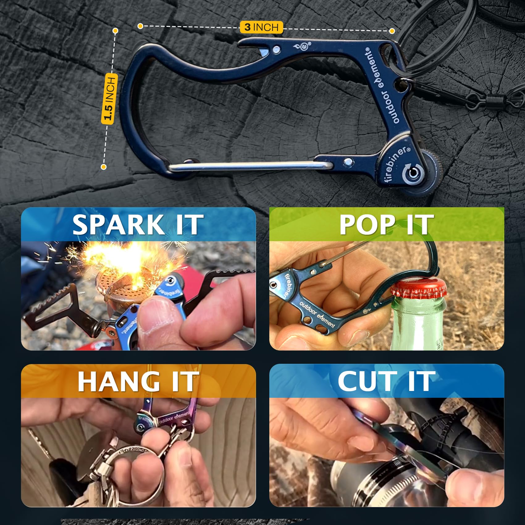 OUTDOOR ELEMENT Firebiner flathead screwdriver integrated into rugged multitool.
